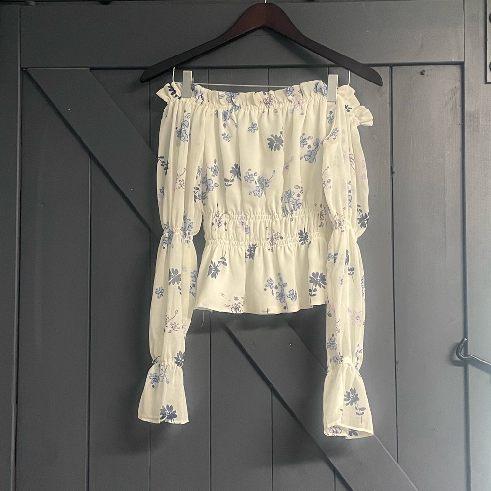 Wayf Cream Blouse with Blue Floral Accents